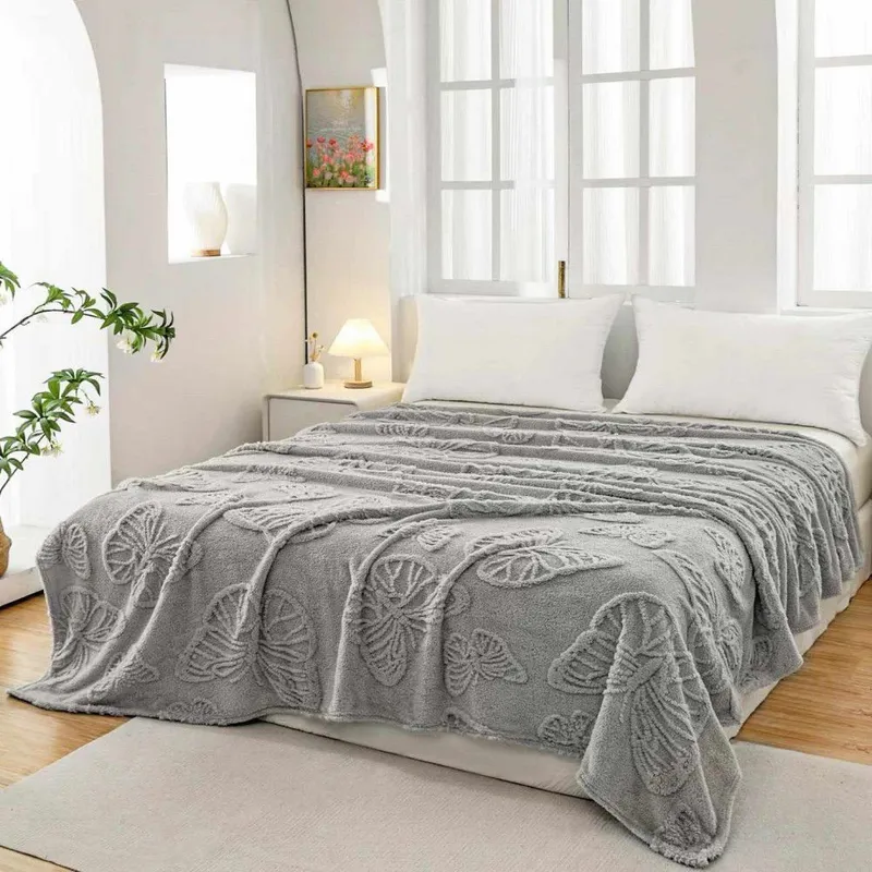 Patura Cocolino cu Model 3D Fluturi (200x230 cm) - Gri Inchis - PCGB_U030