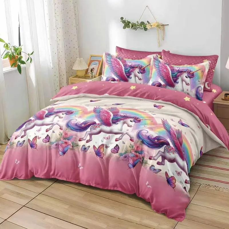 Lenjerie din Finet 90/120x200 - 4 Piese - Roz cu Pegas - LFSGS_D029