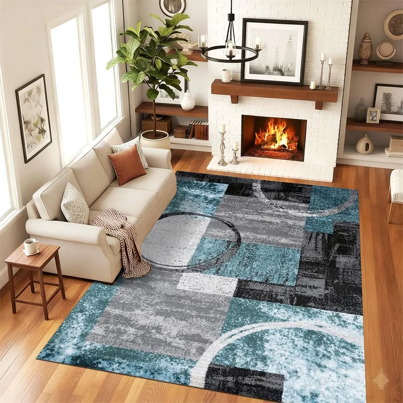 Covor Antiderapant pentru Dormitor 150x230 cm - Geometric Turcoaz - CVHD100_150x230_CVH