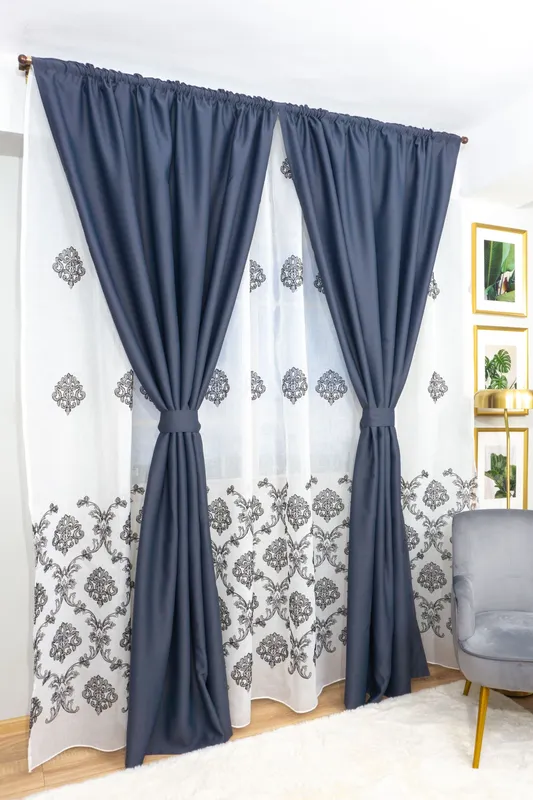 Set Dalinda - Perdea Baroc Mic Negru PERDA521 300x245cm si Draperii Blackout Gri Plumb Inchis - BOTD048 2x100x245cm cu Rejansa Set_EMG