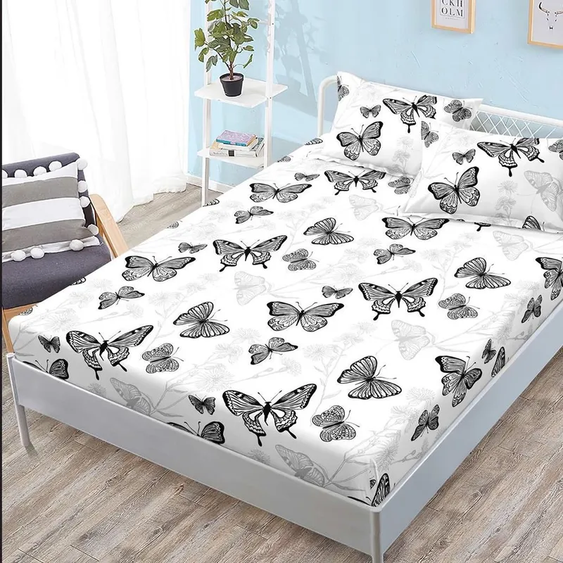Cearceaf din Bumbac Satinat cu Elastic - 180x200 + 2 Fete Perna - Alb cu Fluturi Gri - CEFN_K002B