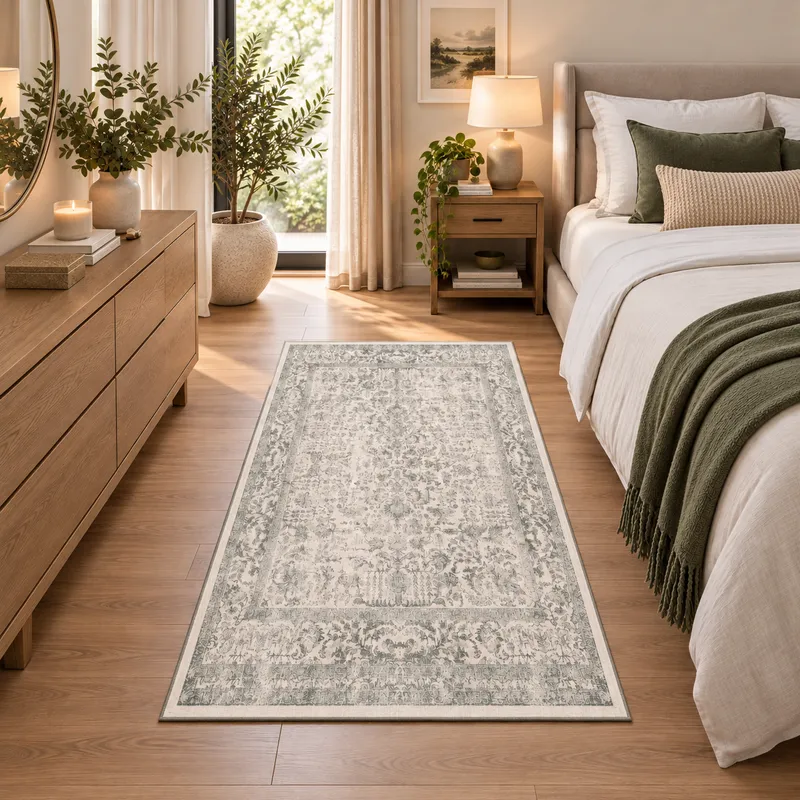 Covor Dormitor Vitange, Oriental, Gri - Crem, 80x150 cm, Polipropilena - U025