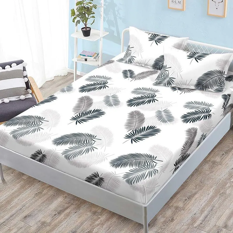 Cearceaf din Bumbac Satinat cu Elastic - 160/180x200 + 2 Fete Perna - Frunze Tropicale Negre - CEFN_L099B