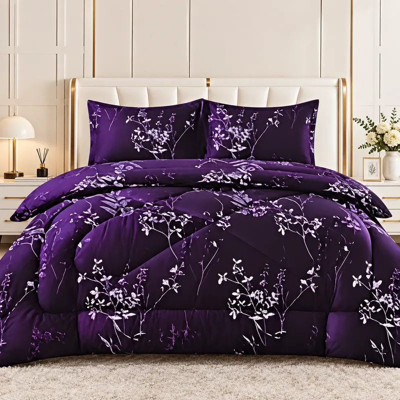 Pilota Groasa de Iarna din Bumbac Satinat, 200x230cm + 2 Fete de Perna 50x70cm - Flori de Lavanda - PMG_P031