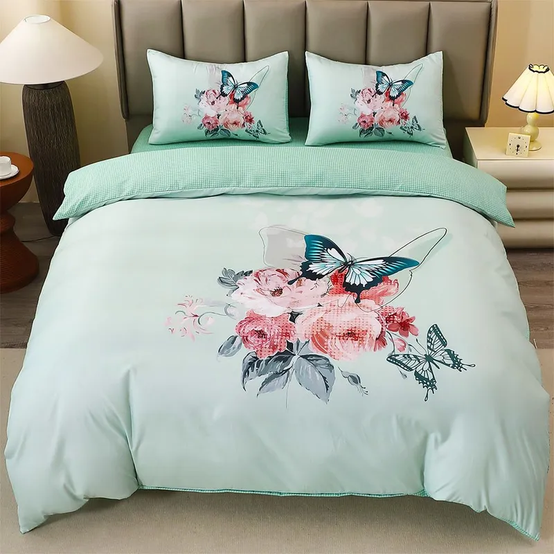 Lenjerie Verde Pastel cu Buchet Flori din Finet 5D cu Cearceaf Elastic 160/180x200cm, 4 Piese - LFDEB_A119C