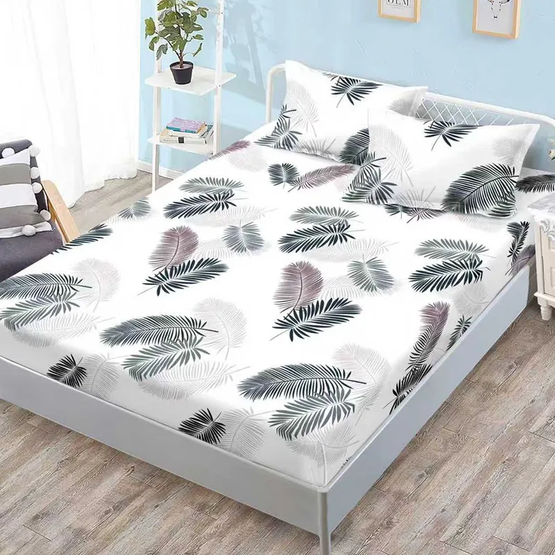 Cearceaf din Bumbac Satinat cu Elastic - 160x200 + 2 Fete Perna - Frunze Palmier - CEFN_L110C