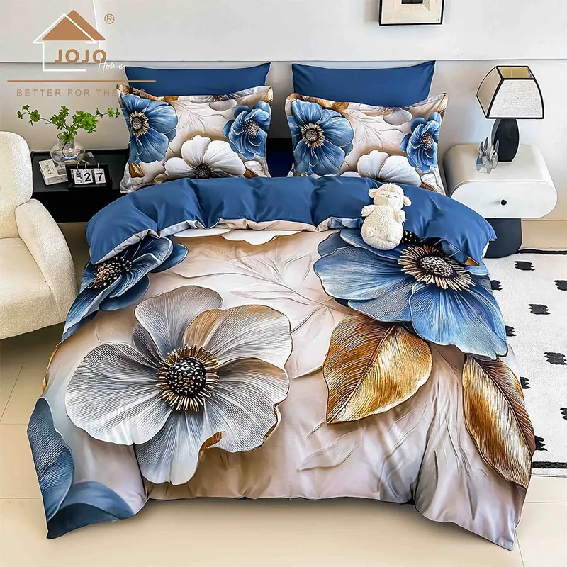Lenjerie 6 Piese Bumbac Finet 5D cu Elastic - Flori Albastre cu Frunze Aurii - LFDEJ_O007B