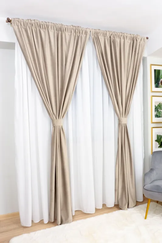 Set Mesinna - Perdea Voal Alb PERD007 300x245cm si 2 Draperii din Catifea - White Latte - CTFDA519A 2x100x245cm cu Rejansa Set_EMG