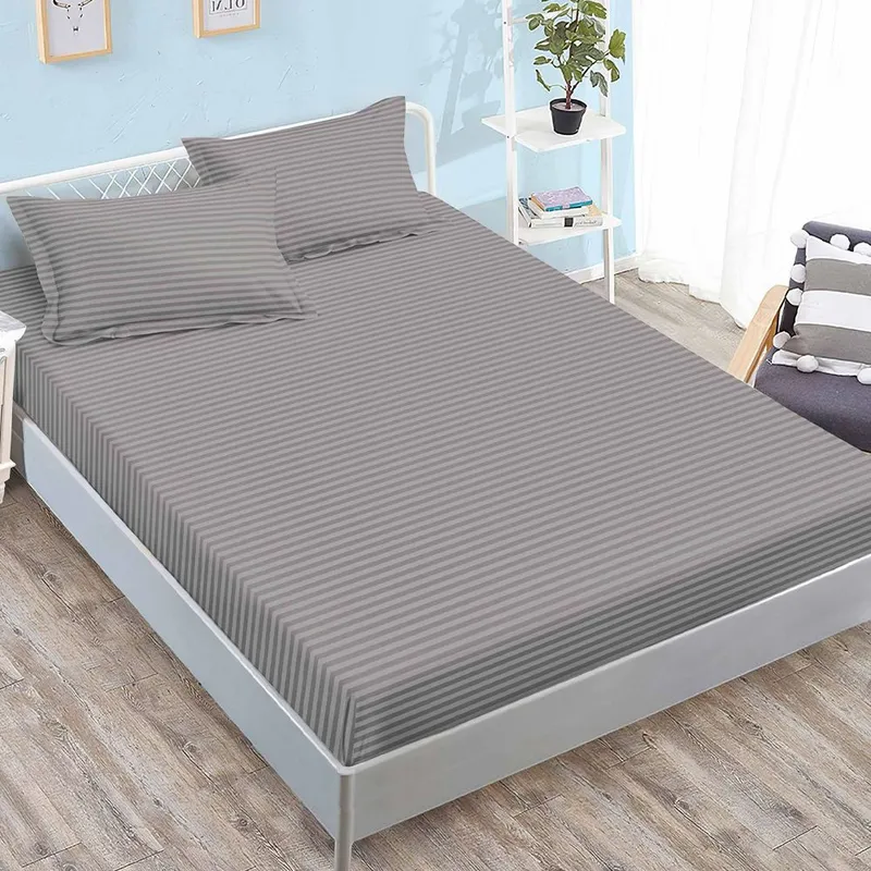 Cearceaf din Damasc Premium cu Elastic - 120/140x200 + 2 Fete Perna - Bej Inchis - CEDZ_K103