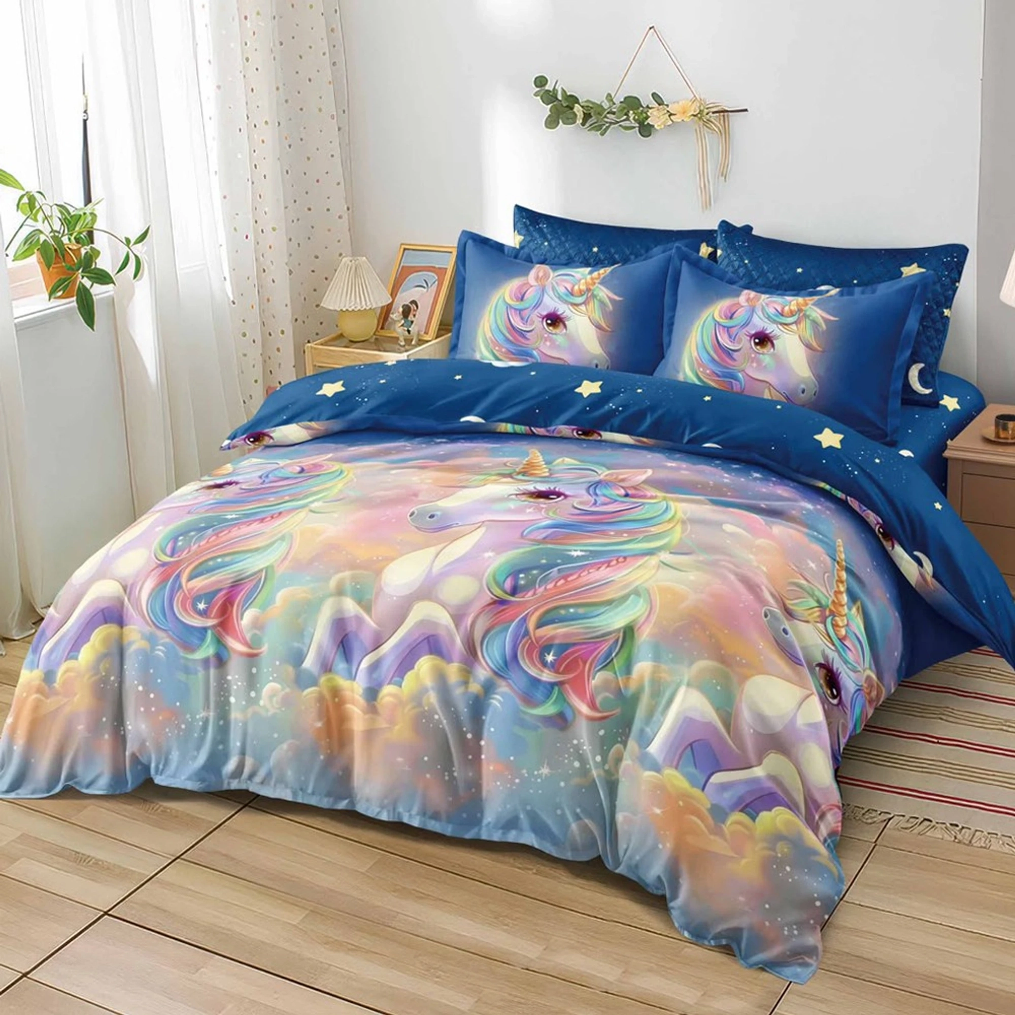 Lenjerie din Finet 90/120x200 - 4 Piese - Unicorni Magici Colorati - LFSGS_D011