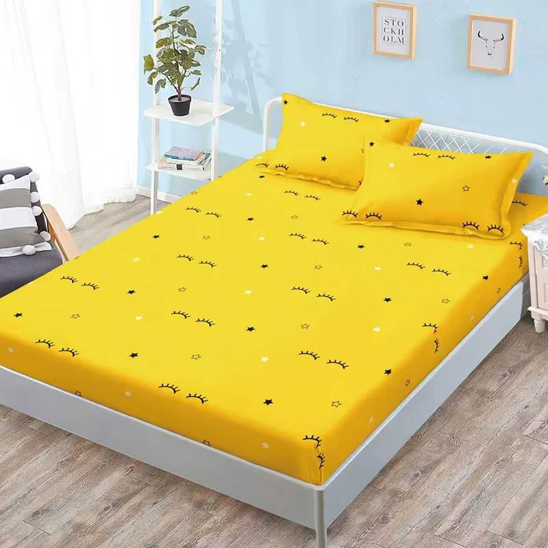Cearceaf din Bumbac Satinat cu Elastic - 160x200 + 2 Fete Perna - Galben cu Gene - CEFN_L117B