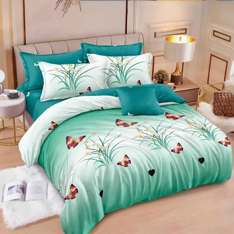Lenjerie de Pat din Finet cu Elastic 6 Piese - 160/180x200 cm - Verde cu Fluturi - LFEN_A062D