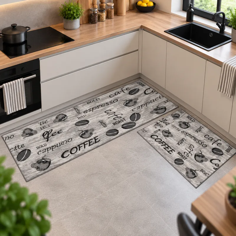 Set 2 Covoare Bucatarie Coffee Black And White, 50x80 cm si 50x160 cm, Gri, Polipropilena, Antiderapant - U069