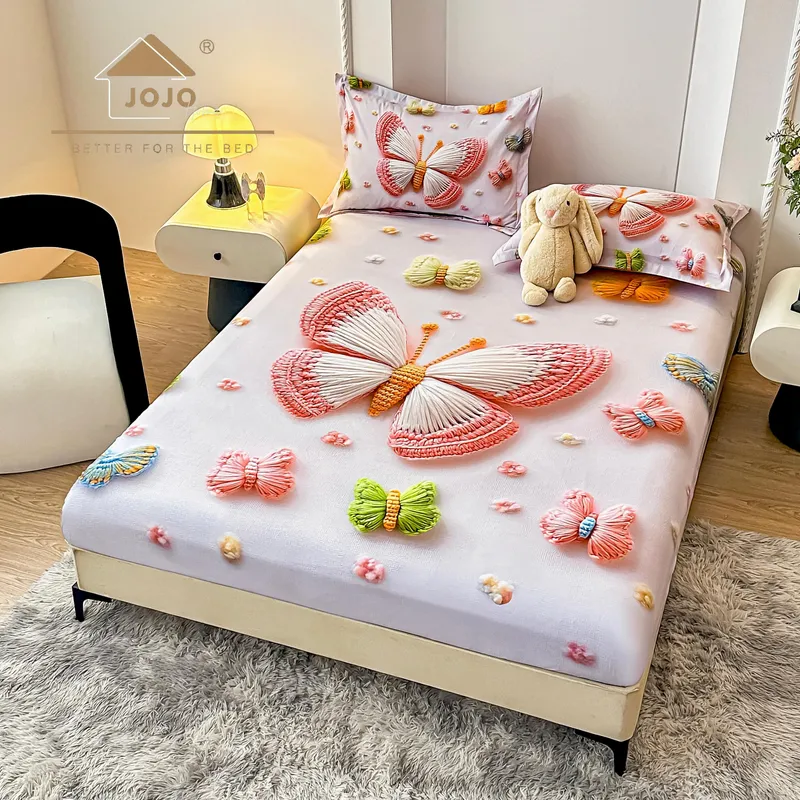 Cearceaf din Finet cu Elastic - 160/180x200 + 2 Fete Perna - Fluturi Croșetați - CEFDJ_L153B