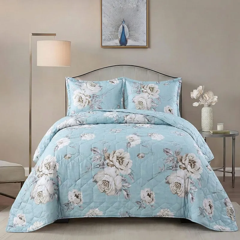 Set 3 Piese Cuvertura de Pat din Bumbac Satinat + 2 Fete de Perna 54x75 cm - Bleu cu Trandafiri - CVBS_M119B