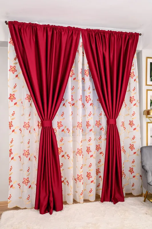Set Roxana - Perdea Flori de Gradina Visiniu cu Crem si Draperie Blackout Visiniu Intens