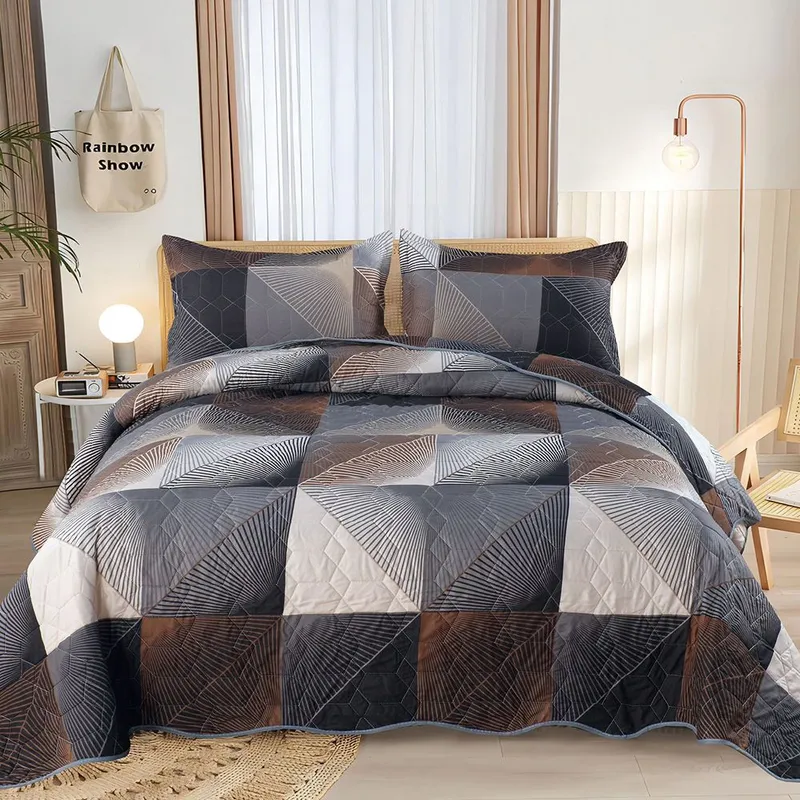 Set 3 Piese Cuvertura de Pat din Bumbac Satinat + 2 Fete de Perna 54x75 cm - Model Geometric - CVBS_M129B