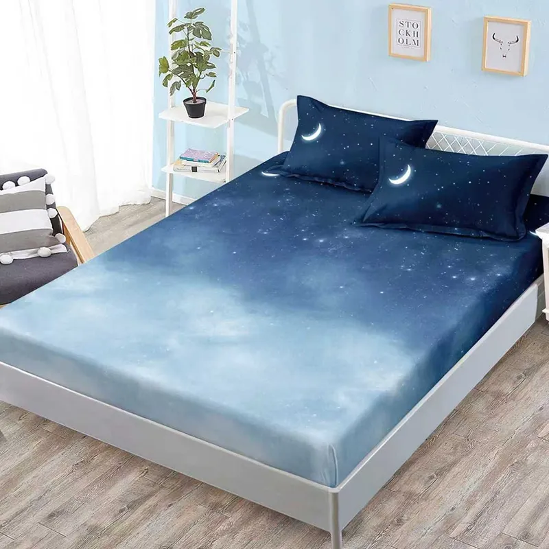 Cearceaf din Bumbac Satinat cu Elastic - 180x200 + 2 Fete Perna - Cer Instelat - CEFN_K042C