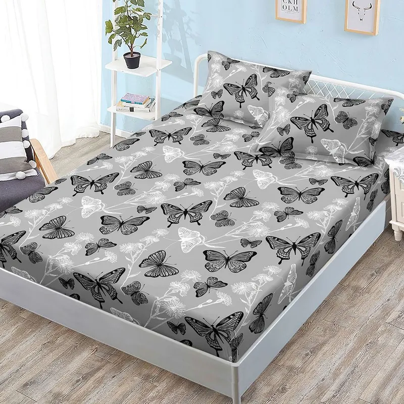 Cearceaf din Bumbac Satinat cu Elastic - 160x200 + 2 Fete Perna - Gri cu Fluturi - CEFN_L118B
