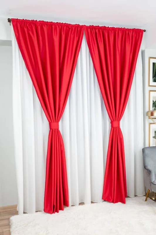 Set Anelisse - Perdea din Matase Alba si Draperie Blackout Rosu Rafinat 