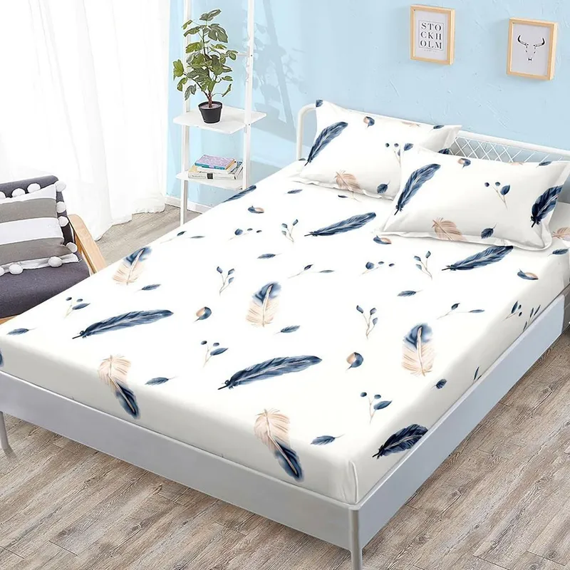 Cearceaf din Bumbac Satinat cu Elastic - 160/180x200 + 2 Fete Perna - Crem cu Pene - CEFN_L093B