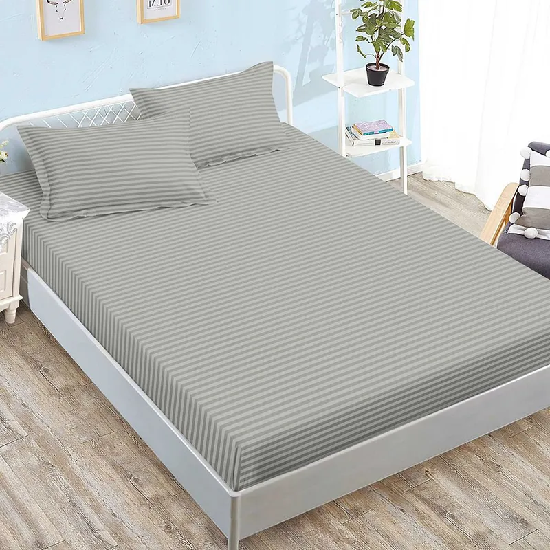 Cearceaf din Damasc Premium cu Elastic - 120/140x200 + 2 Fete Perna - Gri - CEDZ_K101