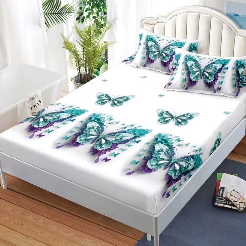 Cearceaf din Bumbac Satinat cu Elastic - 180x200 + 2 Fete Perna - Fluturi de Smarald - CEFN_K001