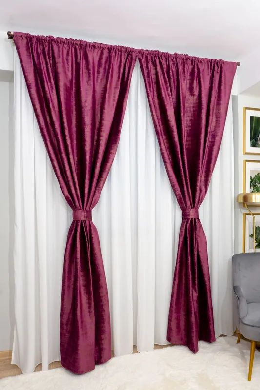 Set Gabriela - Perdea Voal Alb PERD007 300x245cm si 2 Draperii din Catifea Striata - Mov Royal - CTFD040 2x100x245cm cu Rejansa Set_EMG