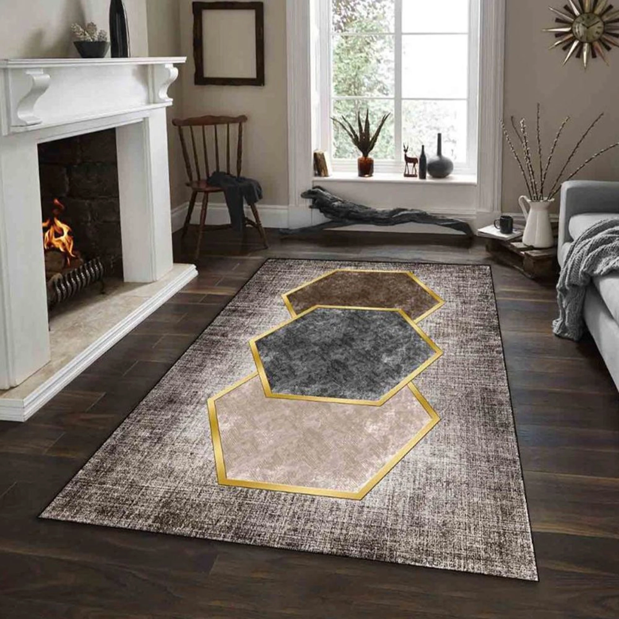 Covor Antiderapant pentru Dormitor 180x280 cm - Geometric Gold - CVHD070_180x280_CVH