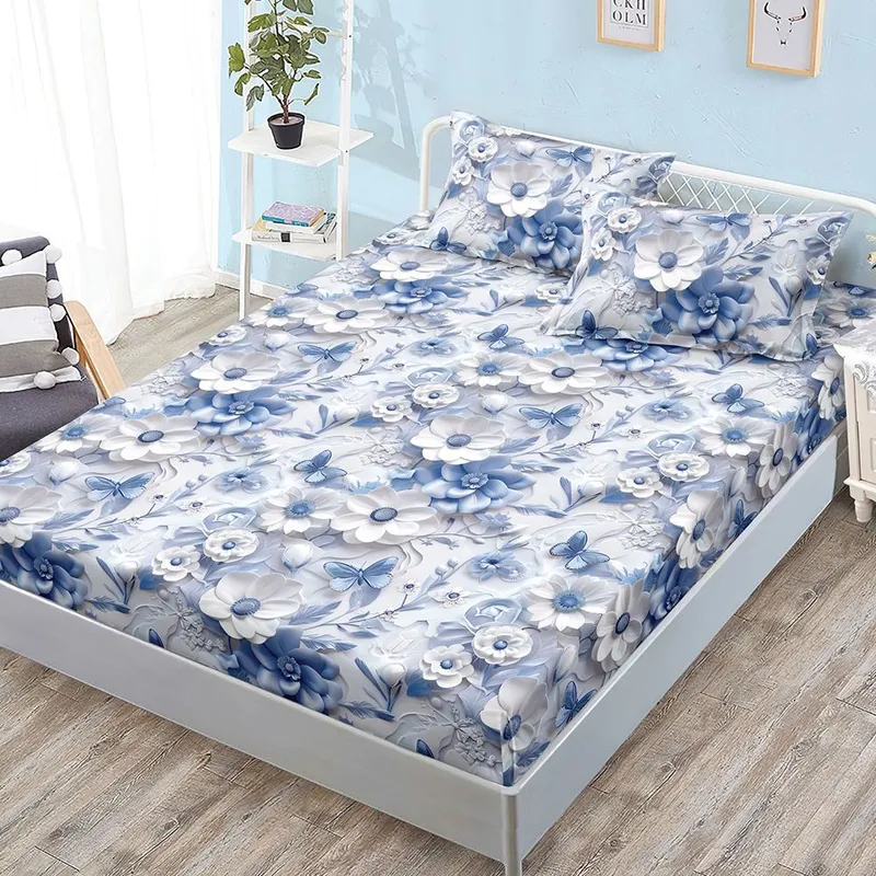 Cearceaf din Bumbac Satinat cu Elastic - 160x200 + 2 Fete Perna - Flori Albastru cu Alb - CEFN_K014B