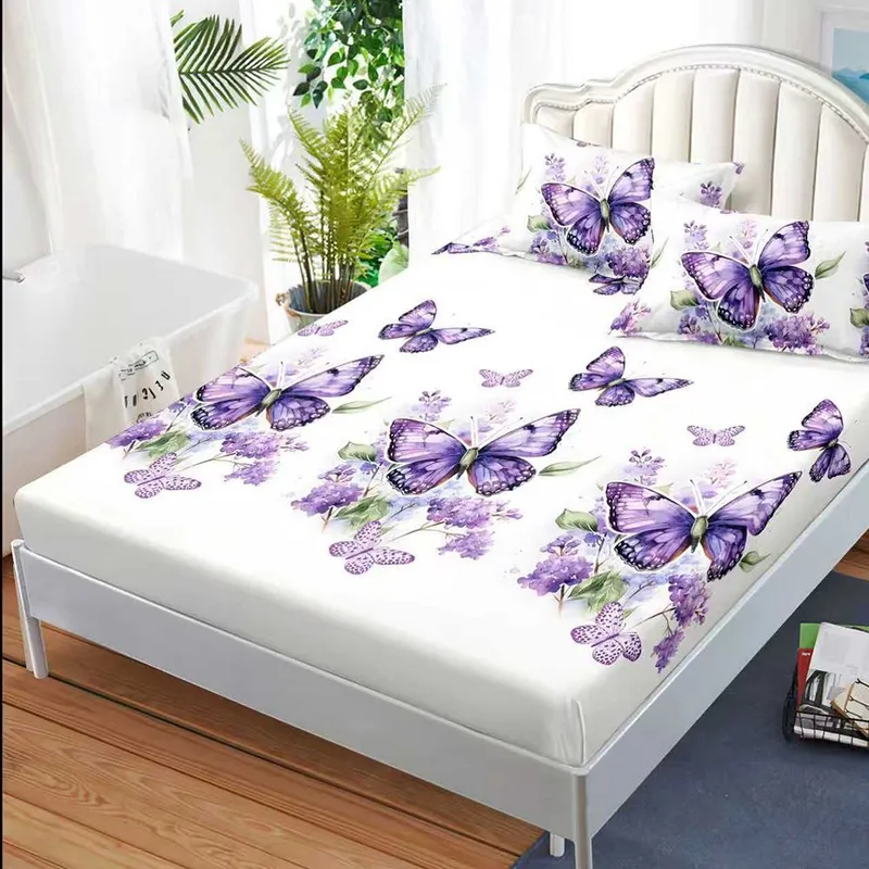 Cearceaf din Bumbac Satinat cu Elastic - 180x200 + 2 Fete Perna - Alb cu Fluturi Mov - CEFN_K038C