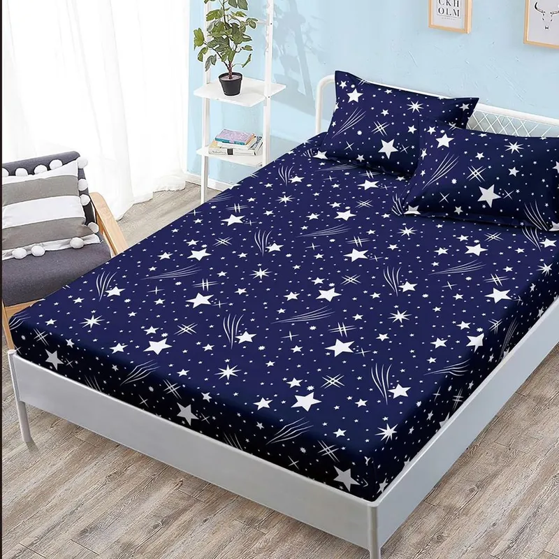 Cearceaf din Bumbac Satinat cu Elastic - 180x200 + 2 Fete Perna - Albastru Ploaia de Stele - CEFN_K032B