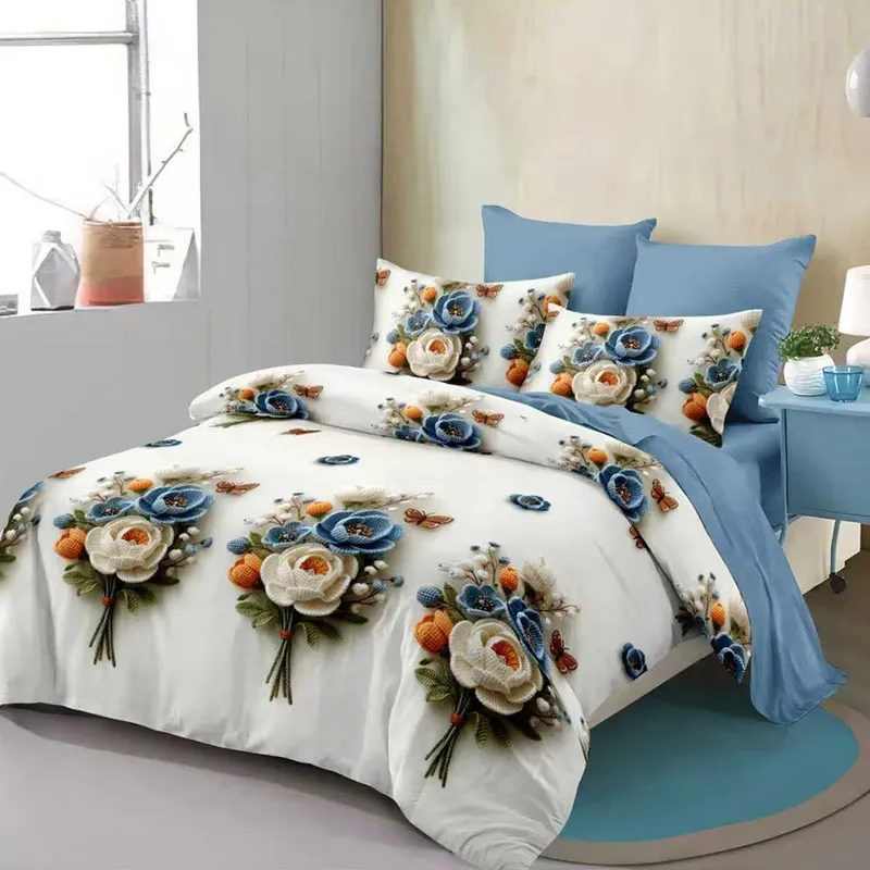 Lenjerie din Finet 3D/5D cu Cearceaf Elastic 160/180x200cm, 6 Piese - Alba cu Buchetele - LFDEM_D158
