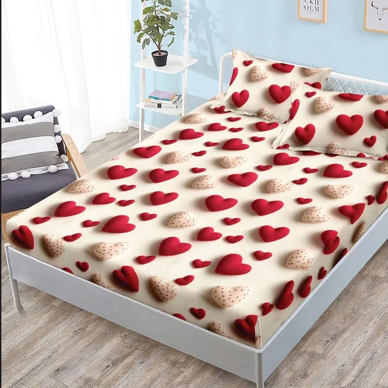 Cearceaf din Bumbac Satinat cu Elastic - 180x200 + 2 Fete Perna - Inimioare Catifelate - CEFN_K005