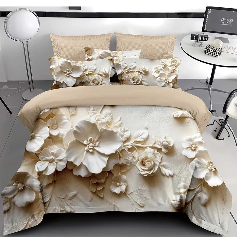 Lenjerie 6 Piese Bumbac Finet 5D - Flori Albe Sculptate - LFDS_B075C
