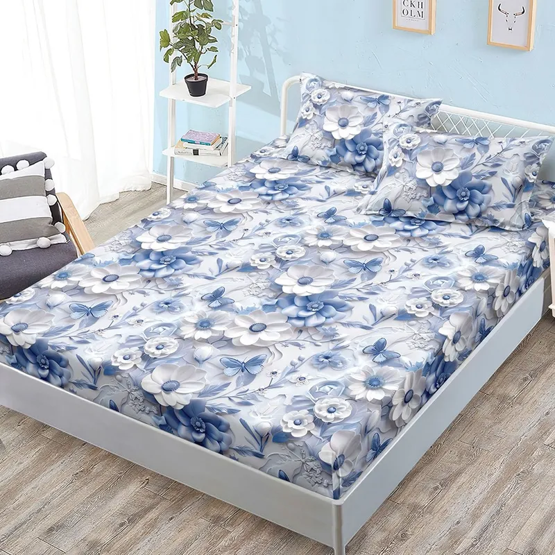 Cearceaf din Bumbac Satinat cu Elastic - 180x200 + 2 Fete Perna - Flori Albastre - CEFN_L104E