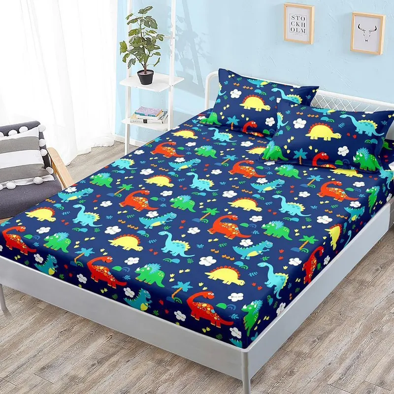 Cearceaf din Bumbac Satinat cu Elastic - 180x200 + 2 Fete Perna - Dino Colorati - CEFN_L110
