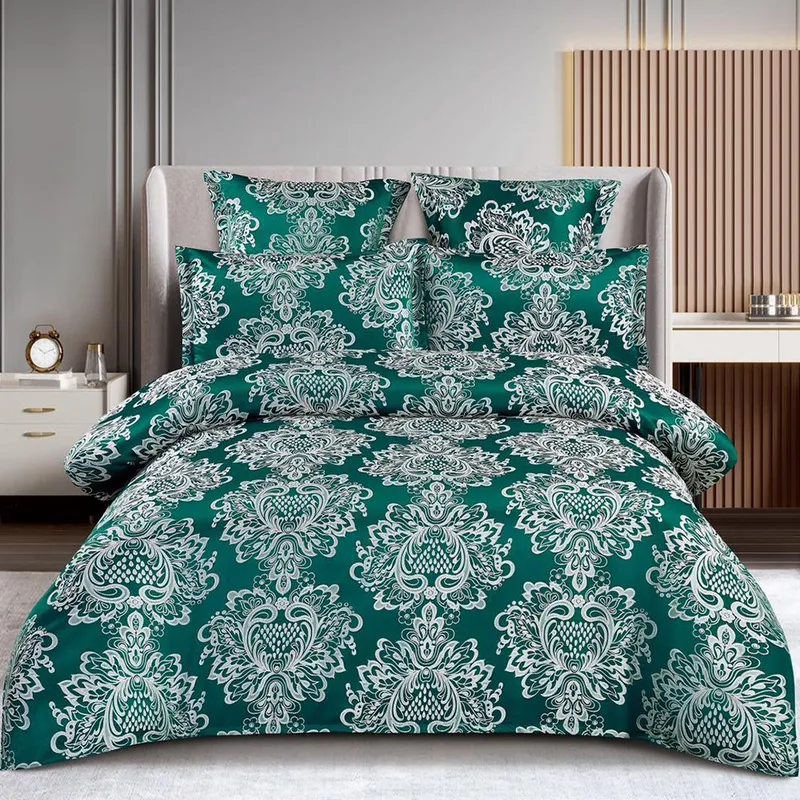 Lenjerie Tip Jacquard Finetat 6 Piese cu Elastic - Verde Forest cu Imprimeu Baroc - LJN_B156B