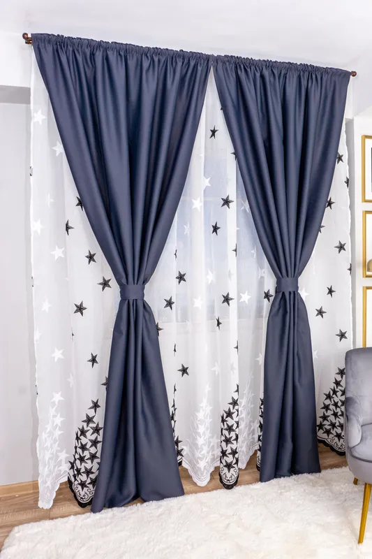 Set Anatolia - Perdea din In cu Stelute Negre PERD027A_300X245_D4_08_ATL si Draperii Blackout Gri Plumb Inchis - BOTD048_100X245_C3_08_ATL cu Rejansa Set_ATL