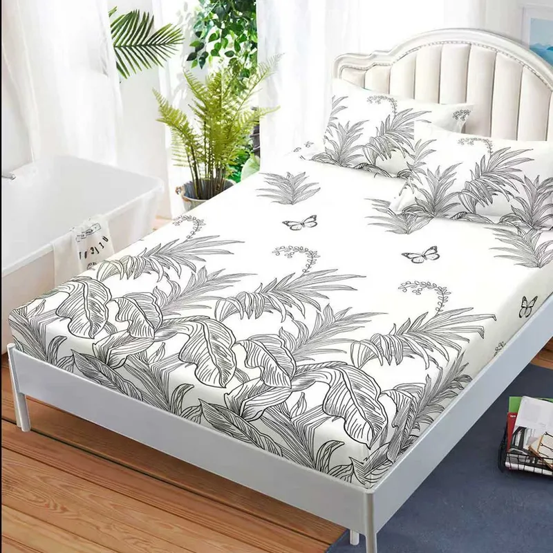 Cearceaf din Bumbac Satinat cu Elastic - 180x200 + 2 Fete Perna - Frunze Tropicale Gri - CEFN_K043B