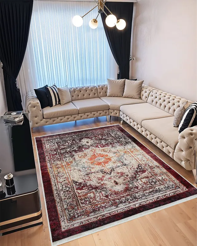 Covor pentru Dormitor 120x180 cm - Model Turcesc Visiniu cu Crem - CVHD012_120x180_CVH