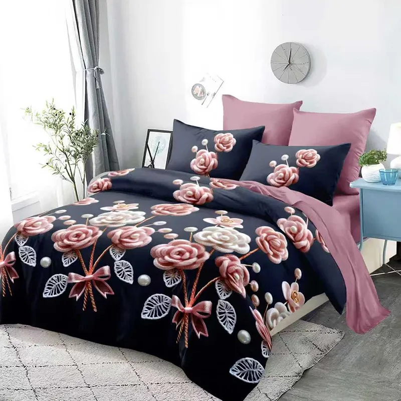 Lenjerie din Finet 3D/5D cu Cearceaf Elastic 160/180x200cm, 6 Piese - Buchete Flori Roz - LFDEM_D168