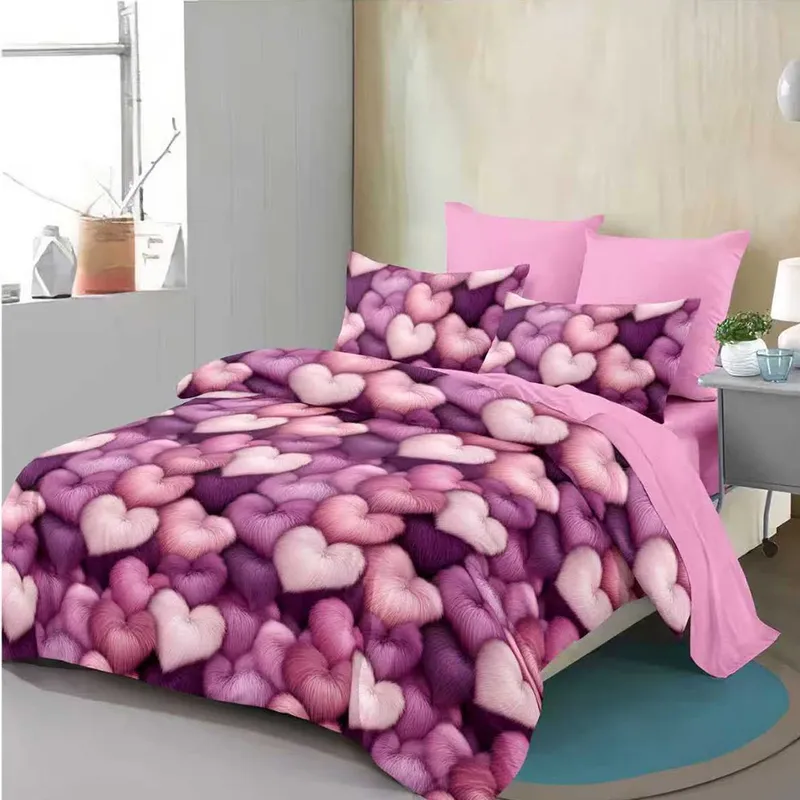 Lenjerie din Finet 3D/5D cu Cearceaf Elastic 160/180x200cm, 6 Piese - Inimi Roz - LFDEM_D163