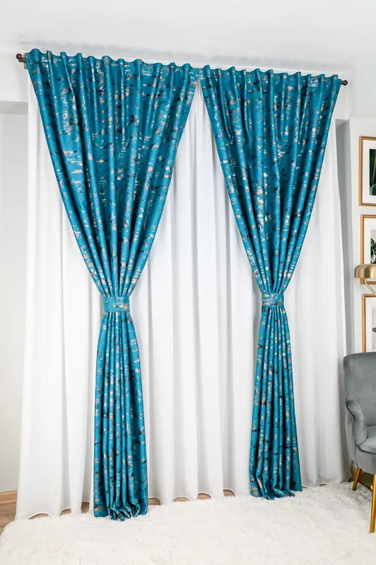 Set Santorini - Perdea Matase Alba Nobila si Draperie Blackout Find Gold Turcoaz