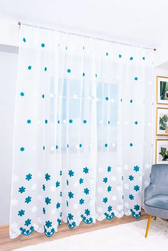 Set 2 Perdele din In cu Flori Turcoaz 100x245cm cu Rejansa - PERD022B_100x245_ATL