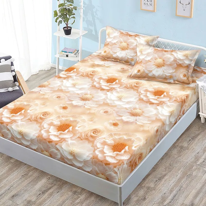 Cearceaf din Bumbac Satinat cu Elastic - 160x200 + 2 Fete Perna - Flori Crem - CEFN_L118C