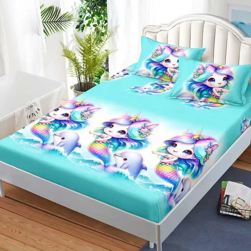 Cearceaf din Bumbac Satinat cu Elastic - 160x200 + 2 Fete Perna - Sirene - CEFN_K019C