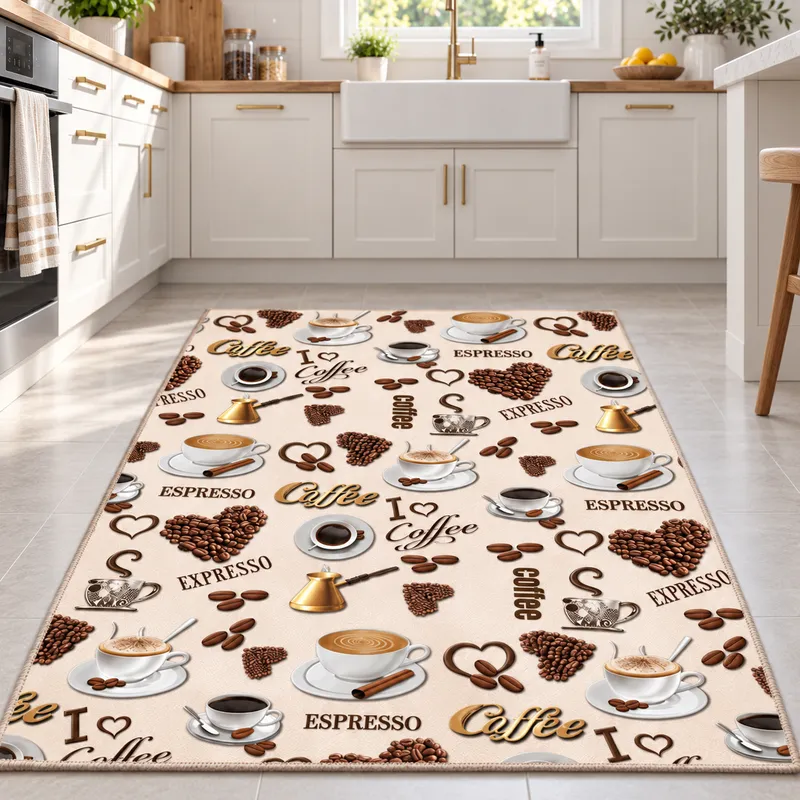 Covor Bucatarie Coffee Time, 80x150 cm, Crem - Maro, Polipropilena, Antiderapant - U056