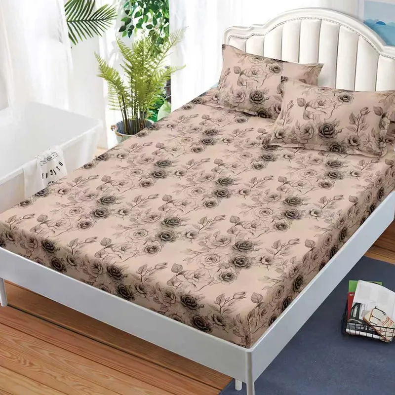 Cearceaf din Bumbac Satinat cu Elastic - 160x200 + 2 Fete Perna - Trandafiri Maro - CEFN_K028D