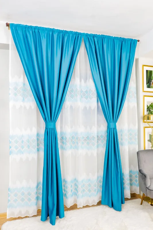 Set  Torino - Perdea din In Echilibru Turcoaz Blue Deschis cu Alb PERD072C_300X245_D1_07_ATL si Draperii Blackout Turcoaz BOTD001_100x245_C1_01_ATL cu Rejansa Set_ATL